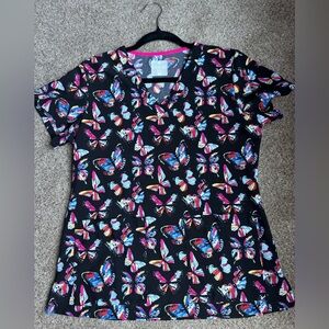 Med Couture Butterfly V-neck Print Scrub Top